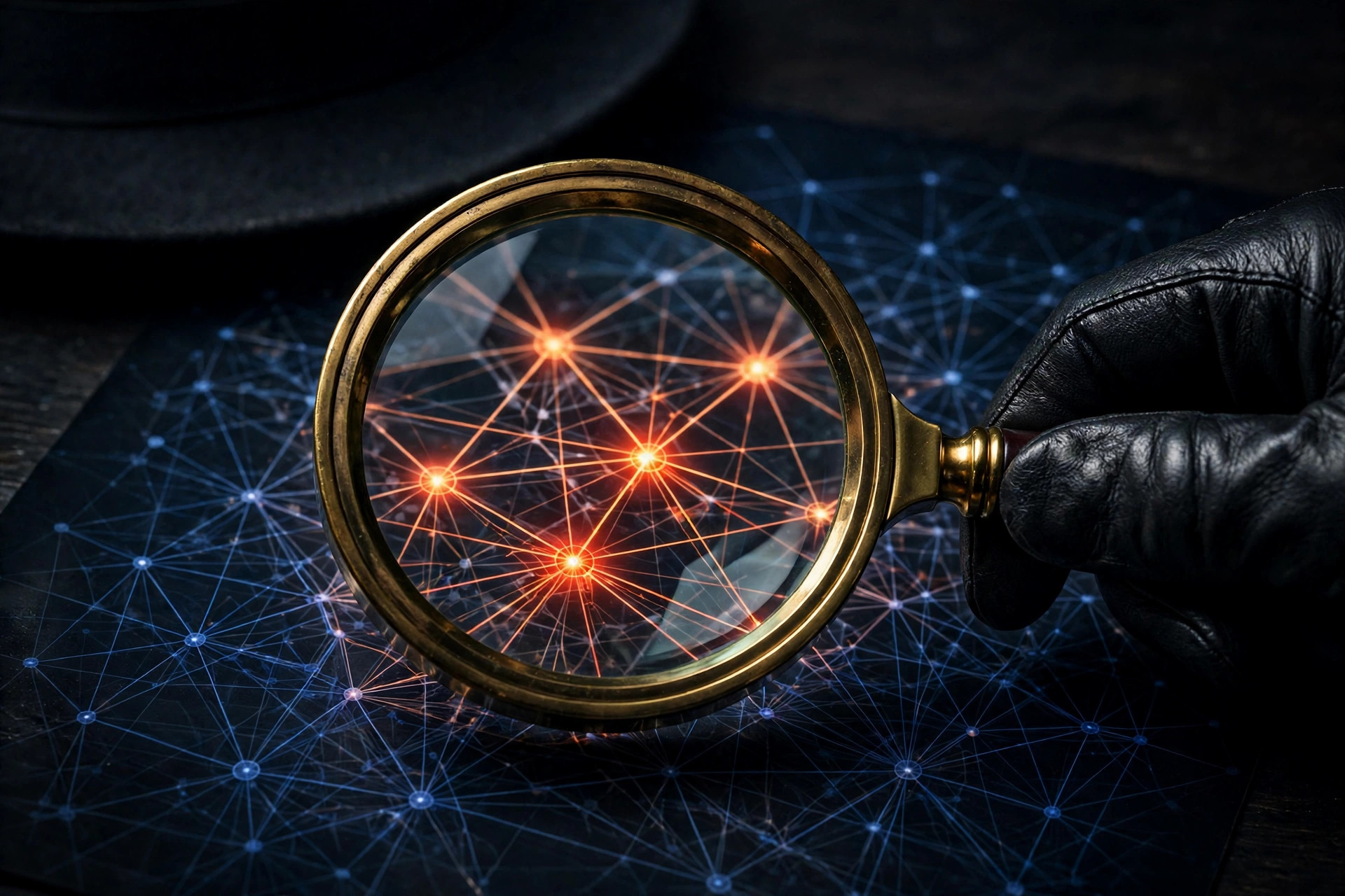 A magnifier held over a network map — evidence work, the network examined closely
